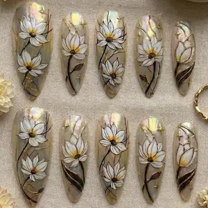 Art Nouveau Lotus Stained Glass Press On Nails | Cottagecore Ethereal Bridal Nail Style