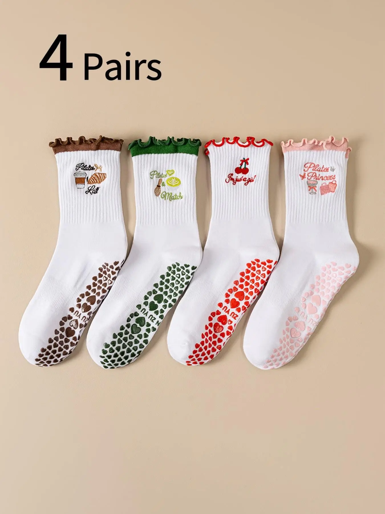 Women's Sports Mid-Calf Socks, Cute Cartoon Embroidered Ruffle Socks, Anti-Slip Silicone Pilates Yoga Socks, Indoor Dance Floor Socks, Sports Athletic Socks, Non Slip Socks