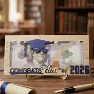 Class of 2026 Graduation Cash Gift Holder, 3D Wooden Money Frame with Display Stand, Unique Congrats Grad Keepsake Gift for High School & College Graduate, Creative Graduation Money Gift Decor