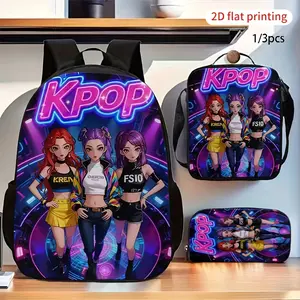 3pcss Fashion Girl Group Pattern Print Backpack  3pcs Set Including 1pc Large Capacity Backpack, 1pc Pencil Case And 1pc Zipper Body Bag Lightweight School Bag, Adjustable Shoulder Straps And Zipper Compartments, For Teenager