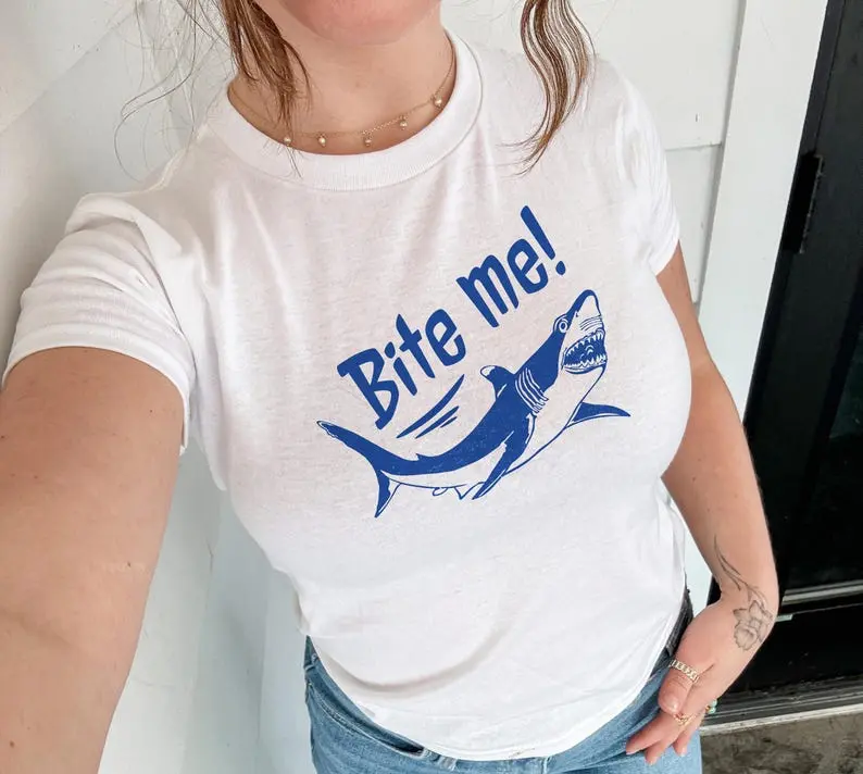 Bite Me Shark Baby Tee Funny Y2K, Cute Summer Top, Beachy Shirt, Trendy Top, Ocean Aesthetic Graphic Baby Tee