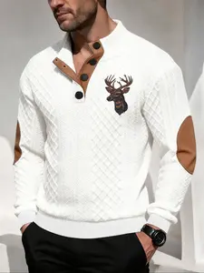Men's Winter Knit Button Front Stand Collar Sweater, Vintage Texture Plaid Deer Head Print Shirt, Casual Outdoor Wear for Cold Weather