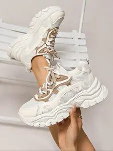 Thick Sole Casual Shoes, Flat Mesh Sneakers, All Seasons Round Toe Lace-Up Dad Shoes, Sizes 36-41 Available, Walking Shoes
