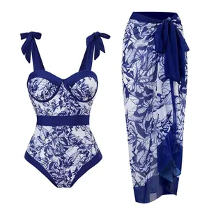 2025 Sexy One-Piece Printed Swimsuit for Women Two-Piece Set with Tie Chiffon Skirt Swimwear Set swim
