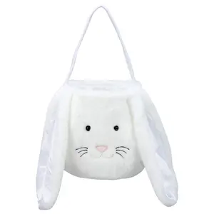 Plush Easter Bunny Basket for Kids Boys Girls Easter Buckets with Long Plush Ear Personalized Egg Hunting Easter Bags,Bunny Kids Easter Tote Bags for Easter Decorations Candy White