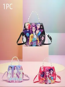 Cool Girl Group Print Bag, Pearl Handle Sweet Cool Shoulder Stylish Crossbody Bag, Cartoon Pattern Fashion Small Bag, Fashionable Patterned Bag, Fashionable Unique Bags,  PU material pearl shoulder strap crossbody bag, perfect as a birthday gift