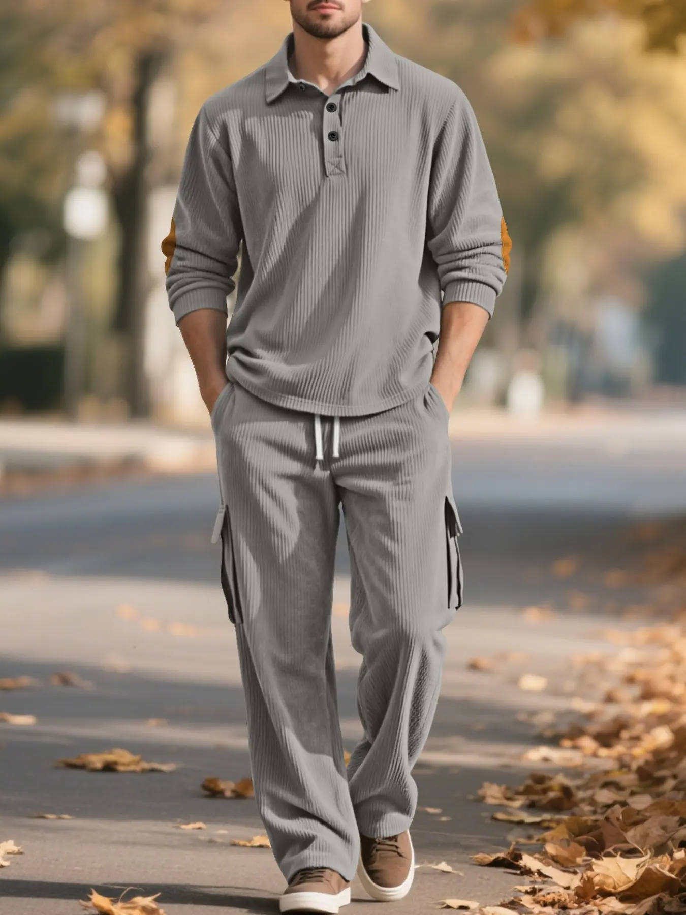 Men's simple corduroy long-sleeved polo shirt with the same color drawstring waistband pocket trousers pants suit, regular version, comfortable Knit fabric men's autumn and winter casual leisure sportswear suit, men's daily outfit Clothes Casual Set.
