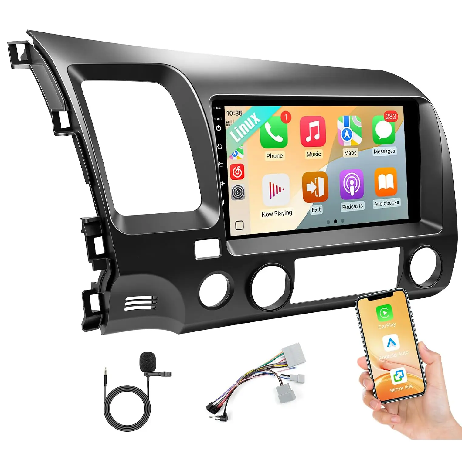 Linux Car Stereo for Honda Civic 2006 2007 2008 2009 2010 2011 Fast Boot 9 Inch IPS Touch Screen Radio with Wireless Carplay Android Auto Backup Camera SWC Bluetooth, Support Airbag