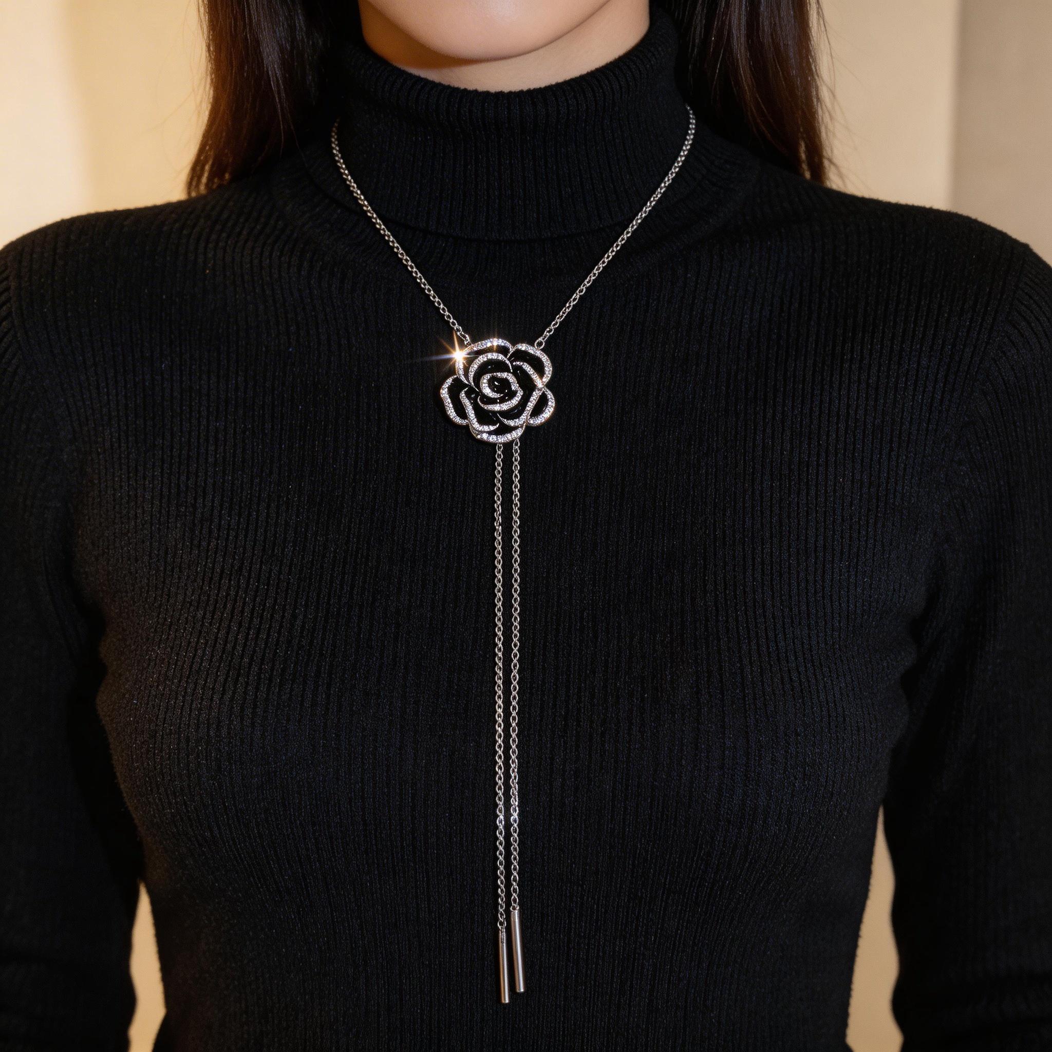 Sensitive Skin-Safe Black Rose Necklace, Adjustable Chain, a Surprise Gift for Anniversary/Prom Hypoallergenic Luxury Rose Necklace & Brooch, Sparkling CZ, a Precious Gift for Her Sensitive Skin