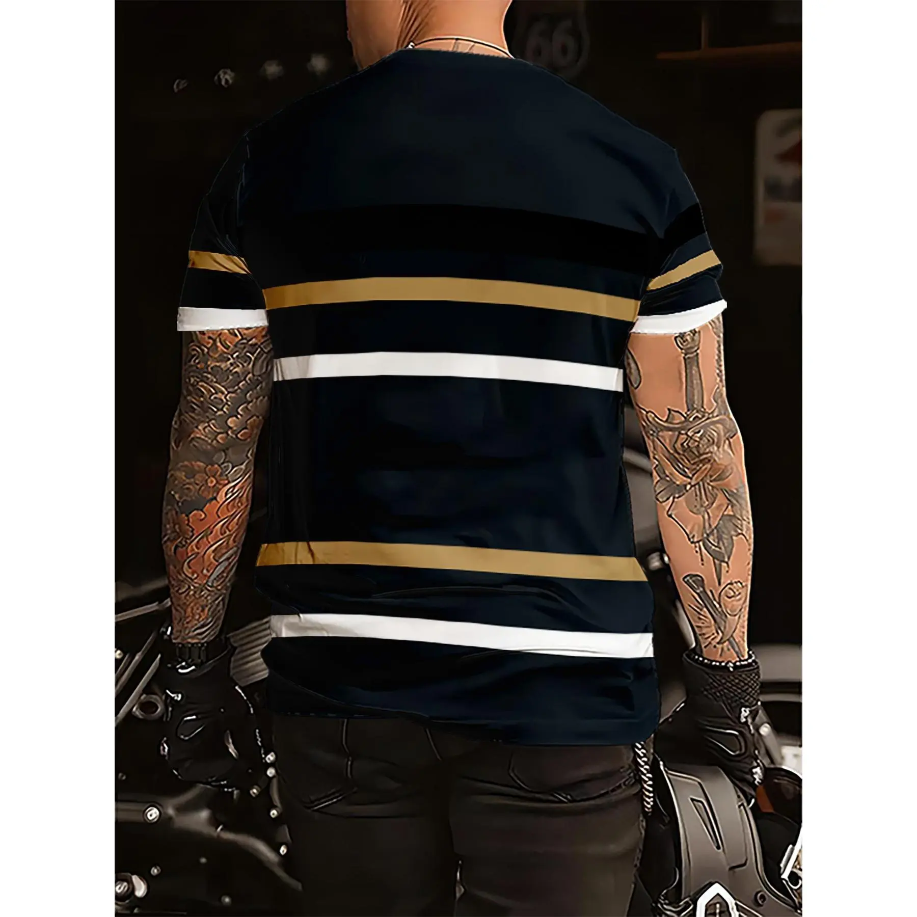 Men's 3D Printed Striped Casual T-Shirt - Navy Blue with Beige & White Horizontal Stripes, Regular Fit Round Neck, Machine Washable, Casual Wear |   Round Neck Tee |   Comfortable Fit, Casual T Shirts