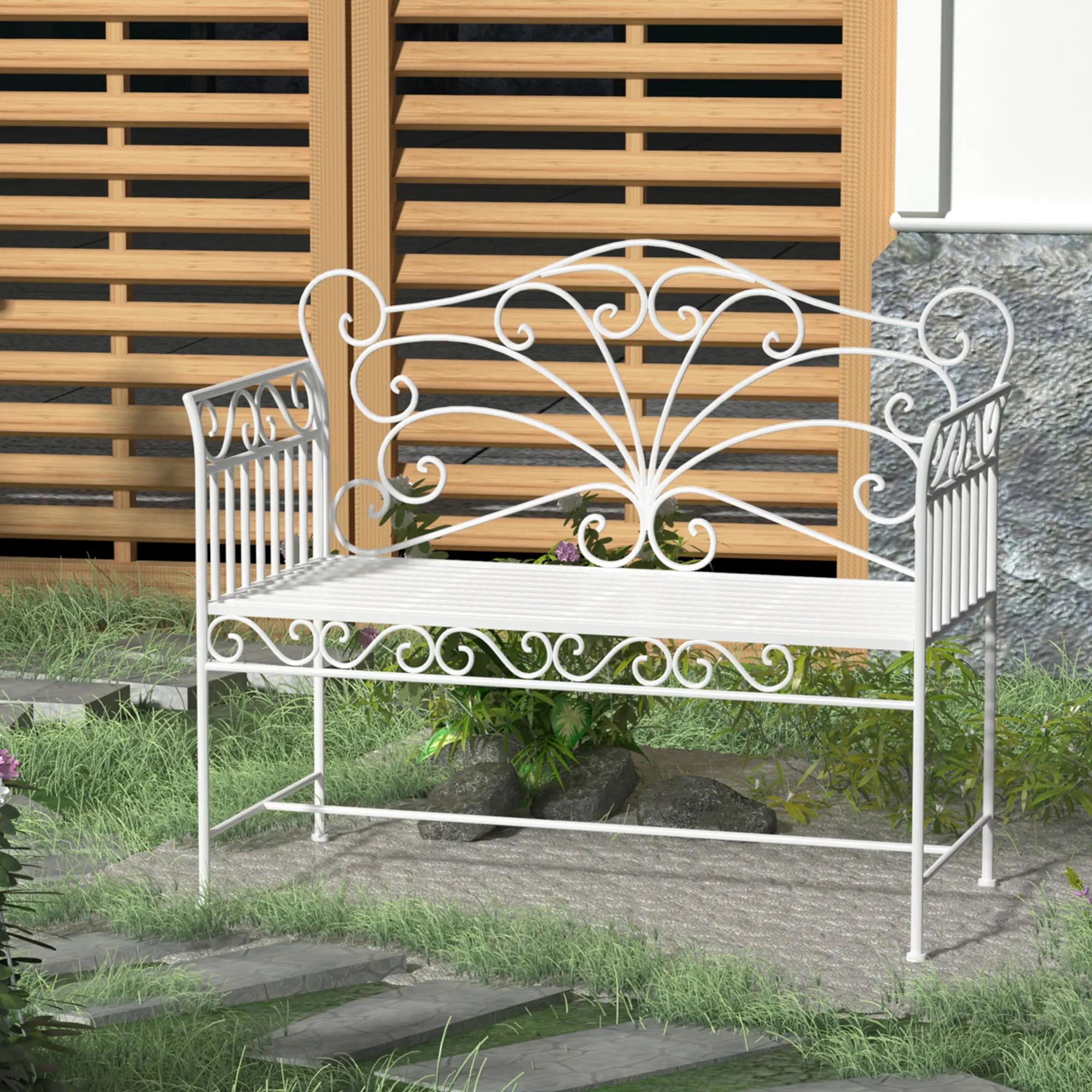 Cream white 43 inch metal garden bench antique scroll motif armrest design for backyard lawn poolside leisure, Two-Seat Benches, Outdoor Rated Benches