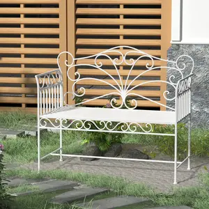 Cream white 43 inch metal garden bench antique scroll motif armrest design for backyard lawn poolside leisure