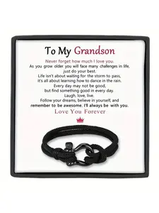 To My Grandson U-Shaped Buckle Summer Beach Elegant Jewelry Bracelet Milan Thread Woven Adjustable Hand Rope  | With Message Card & Gift Box | Perfect Christmas/Birthday/Party/Anniversary Gift