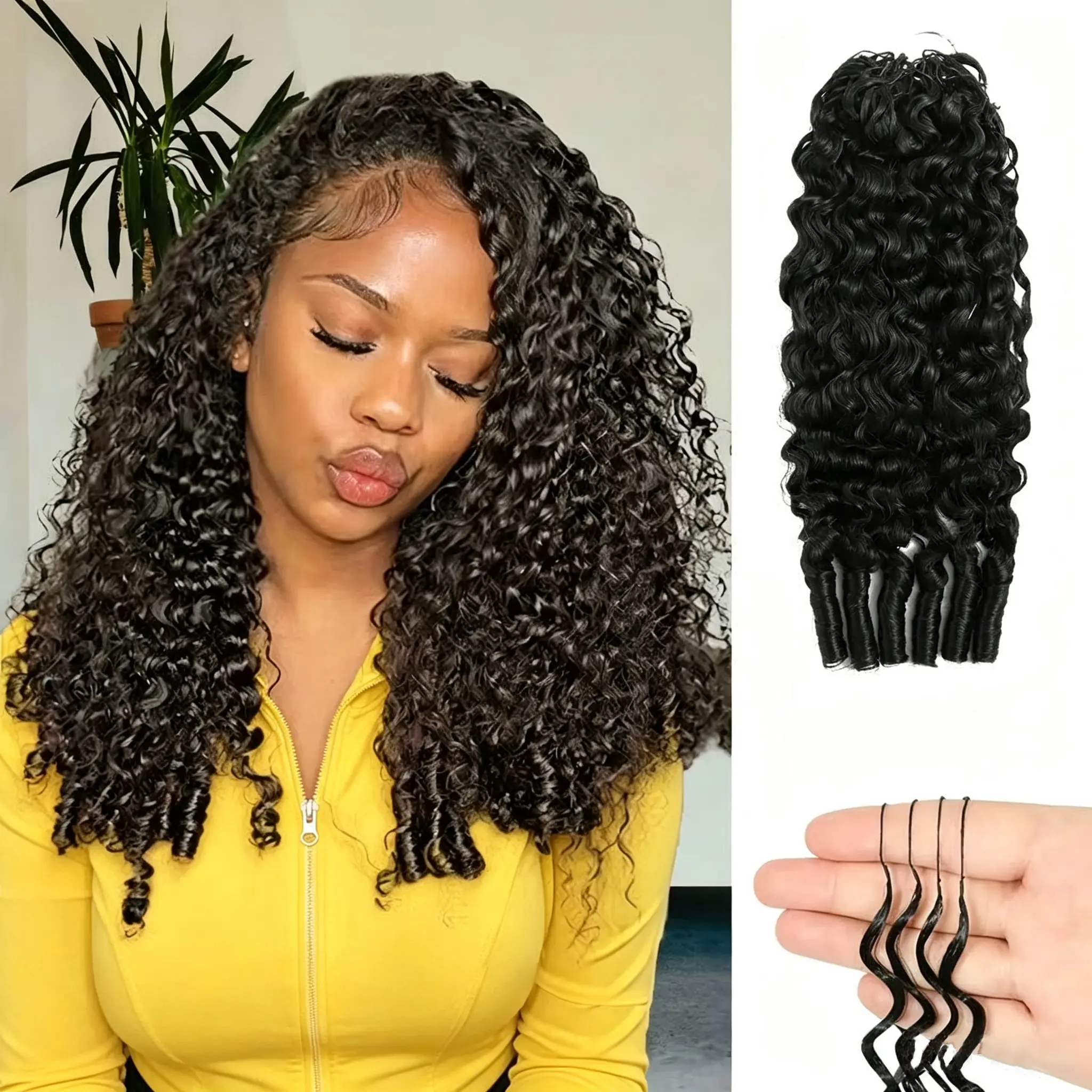 Burmese Curly Crochet Human Hair Knotless Pre-Separated Feather Human Hair Crochet Bundles 3C4A Lightweight Reusable Remy Hair Extensions for Women Natural Black Color