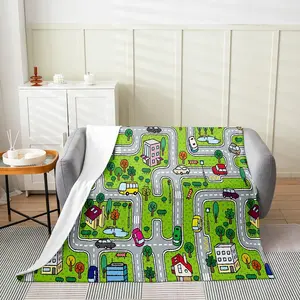 Queen 90"x90" Playing Car Flannel Fleece Throw Blanket,Road and Traffic Plush Blanket,Coloful Fun Game All Season Educational Race Track Plush Blanket