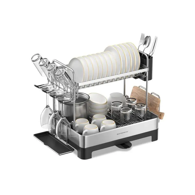 SONGMICS Rust-Resistant Stainless Steel 2-Tier Countertop Dish Drying Rack - Rectangle, Bottom Shelf, Adjustable Extendable Rotatable Spout, 2-Tier Cup Holder, Utensil Holder, Cutting Board Spot, Dish Organization Accessory Kit