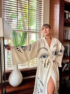 Women's Bathrobe, Blue Evil Eye Robe, Turkish Towel Robe, Beach Robe, Long Kimono Robe, Bridal Shower Gift , Bridesmaid Robe