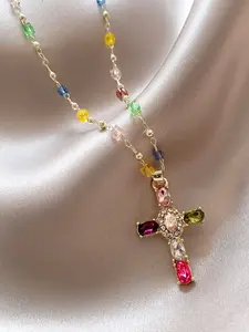 Women's Colorful Zircon Cross Necklace Gold Chain Multicolor Beads Religious Christian Pendant Jewelry Gift for Women Boho Style