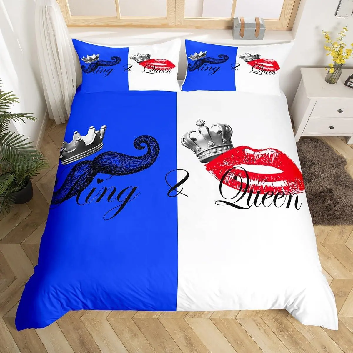 Blue White and Comforter Cover Set,Couples Lovers Bedding Set for Women Men Adults Red Lips Duvet Cover Romantic Theme Bedspread Cover for Couple Soft Lightweight Quilt Cover