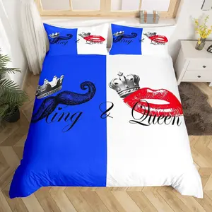 Blue White and Comforter Cover Set,Couples Lovers Bedding Set for Women Men Adults Red Lips Duvet Cover Romantic Theme Bedspread Cover for Couple Soft Lightweight Quilt Cover