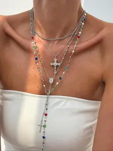 Vintage Cross Pendant Necklace Layered Set | Create Your Own Look with Y-Style Chains & Colorful Crystals | Bohemian Jewelry Gift for Women​