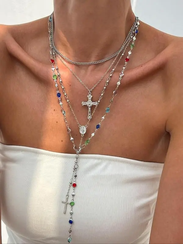 Vintage Cross Pendant Necklace Layered Set | Create Your Own Look with Y-Style Chains & Colorful Crystals | Bohemian Jewelry Gift for Women​