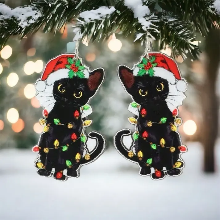 Kitty cat with Christmas light earrings
