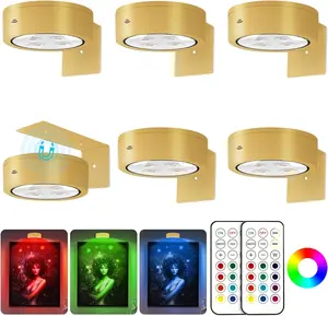 6Pcs Picture Light Battery Operated, 13 RGB Color Magnetic Led Art Display Light for Picture Frame, Battery Powered Painting Light with Remote, Wireless Party Home Wall Decor Puck Lights, Gold-RGB wallsconces rgb  lamp battery  operated picture light