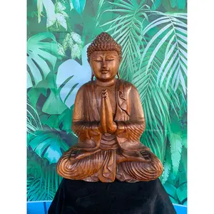 Large Meditating Buddha Statue Mahogany Wood Buddhist Decor 20 x 15 x 6 inches