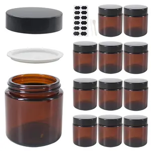 12 Pack 4 oz Round  Glass  Jars with Inner Liners, Black Lids, Spatula, Chalk Labels, Pen, Candle Holder, Refillable Containers for Makeup, Cream, Sugar Scrubs, Bath Salts