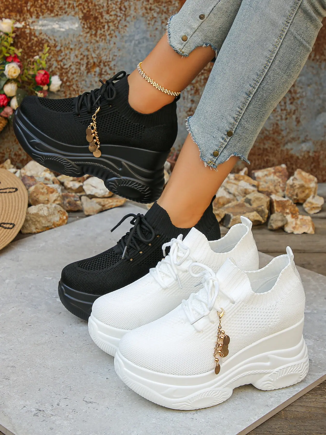 Women's Wedge Platform Hidden Heel Casual Sneakers Removable Tassel Accent Breathable Hollow Knit Mesh Lightweight Non-Slip Slip On Shoes Petite Friendly Elegant Fashion All Match Daily Footwear