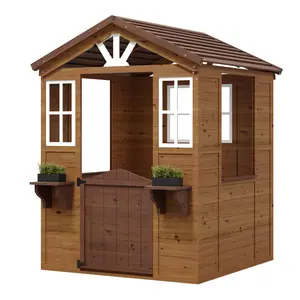 GAOMON Cedar Wooden Kids Playhouse with Play Kitchen, Wooden Adventures Cottage for Backyard, Outdoor Toddler Playhouse for Kids with Vinyl Roof