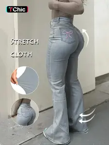 GILIPUR Y2K Women's Casual Denim Flared Pants Back Pocket Embroidered Bow Mother Stretchy Jeans Comfortable And Fashionable Women's Pants For All Seasons Stretchy Jeans Flared Pants Starched Stretchy Jeans Girls Stretch Stretchy Jeans