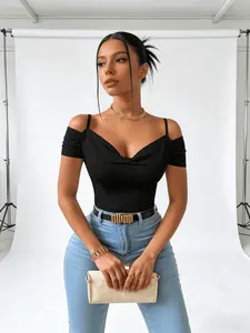 Summer Casual Asymmetrical Neckline Tight ShortSleeve Crop Top Fit Womenswear Fabric