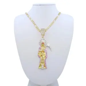 Santa Muerte Pendant Necklace Figaro Chain Religious Charm Jewelry For Men And Women