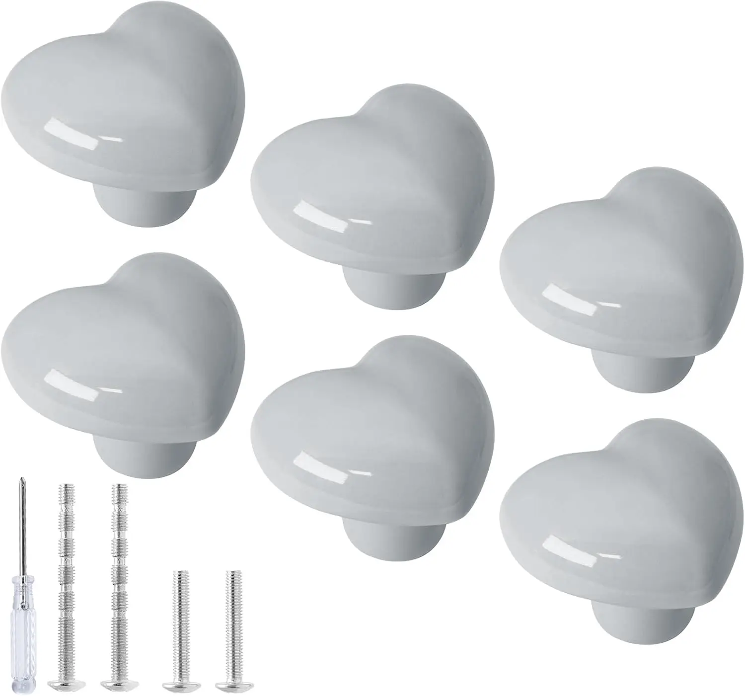 6 count Ceramic Cabinet Knobs - Light Grey Heart Shaped Drawer Knobs, Cute Kitchen Cabinet Pull Handles for  Girls Bedroom