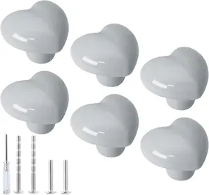 6 count Ceramic Cabinet Knobs - Light Grey Heart Shaped Drawer Knobs, Cute Kitchen Cabinet Pull Handles for  Girls Bedroom