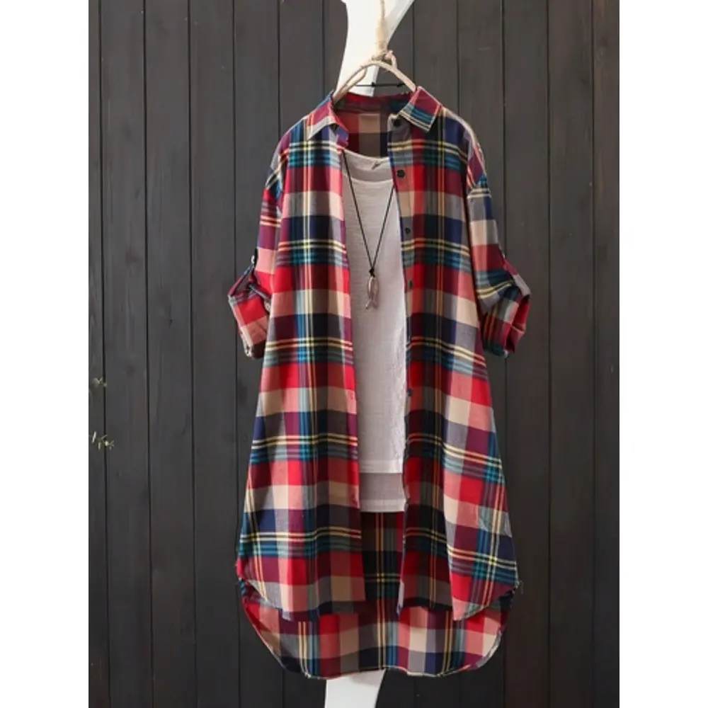 Trendy Oversized Flannel Shirt 2025 - Korean Fashion Thickened Long Sleeve Top for Women Casual Plaid Red Vneck Blouse