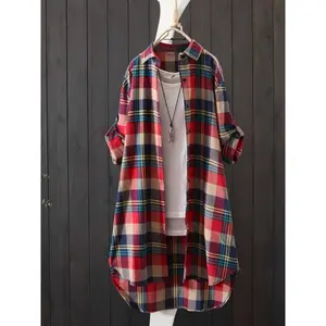 Trendy Oversized Flannel Shirt 2025 - Korean Fashion Thickened Long Sleeve Top for Women Casual Plaid Red Vneck Blouse