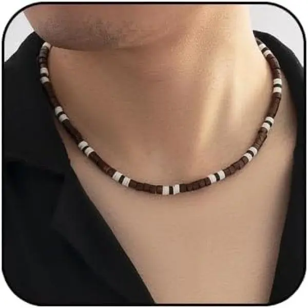 Beaded Necklace for Men,Handmade Men Beaded Choker Necklace for Boys,Mens Surfer Heishi Necklace with Wooden Beads