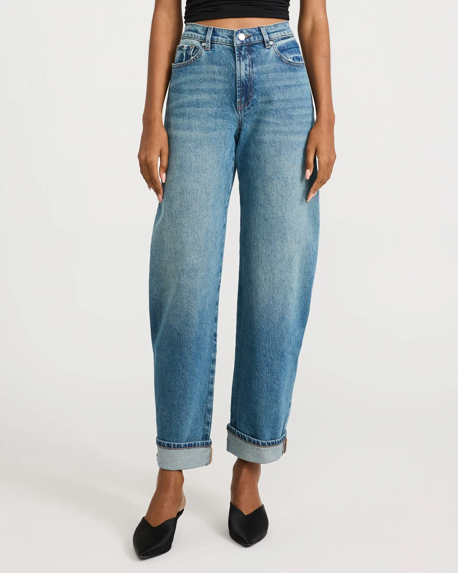 Express High Waisted Cuffed Barrel Dark Wash Jeans