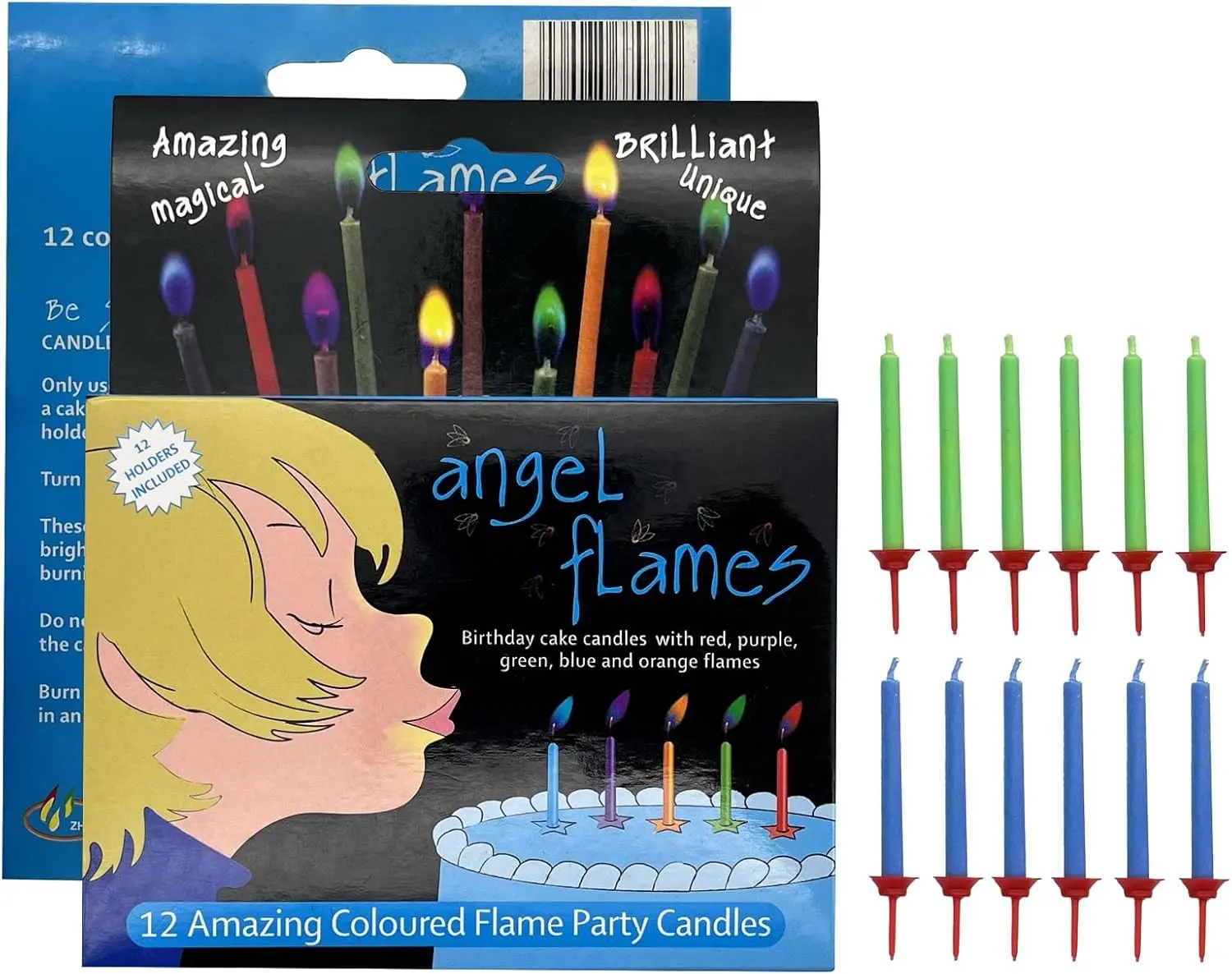 Angel Colorful Cold Flame Birthday Candles for Boys, 12-Pack with Blue & Green Flames, Included Holders (Home Supplies), Light