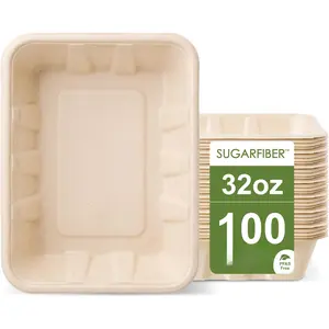[100 COUNT]  32 oz  FREE Disposable  Trays, 8.49" x 6.45" x 1.86"Compostable  Container Bagasse Serving Trays, from Sugarcane   Fibers, No Lids included
