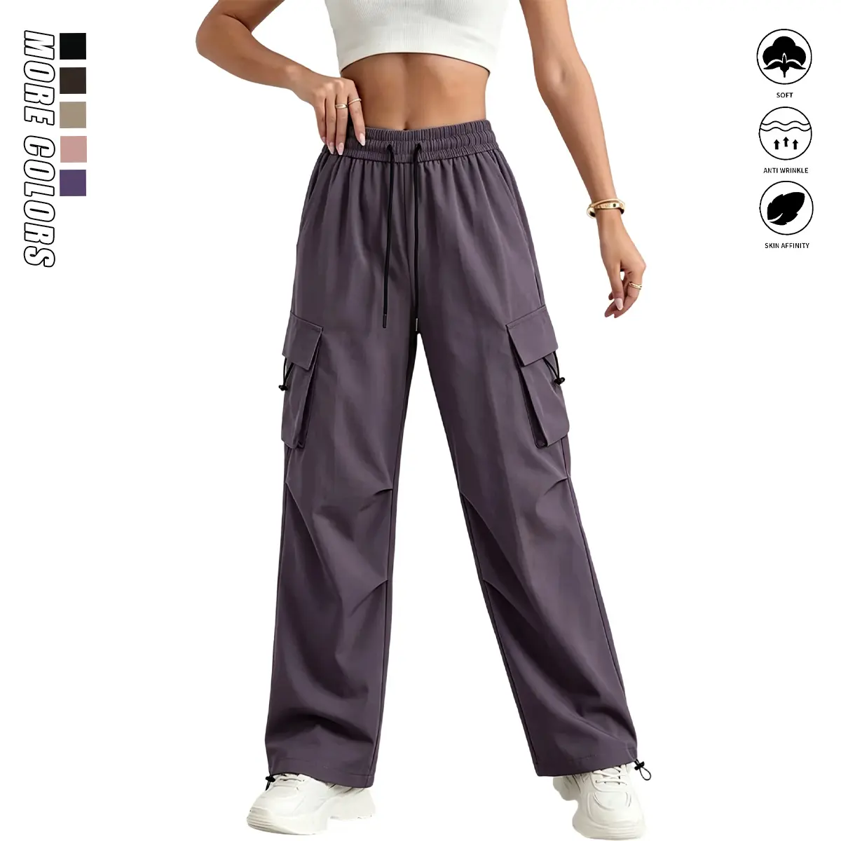 Women’s Fitted Cargo Pants, Casual Wear Bottoms with Adjustable Drawstring Gathered Waistband, Solid Color Long Length, Non-Stretch Low-Sheer Fabric, Suitable for Multi-Season Sports & Outdoor Use, Khaki Pants