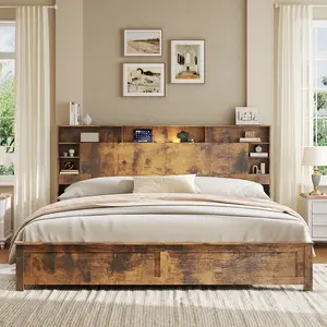 Full/Queen/King Size Bed Frame with Storage Headboard, Rustic Farmhouse Platform Bed Frame with Charging Station & LED Lights, Wood Bedframe with Bookcase, No Box Spring Needed, Dark Brown