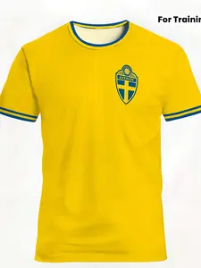 Sweden National Team Training Football Jersey, Blue Colorblock Breathable Quick Dry Fan Version, Sporty Slim Fit T-Shirt