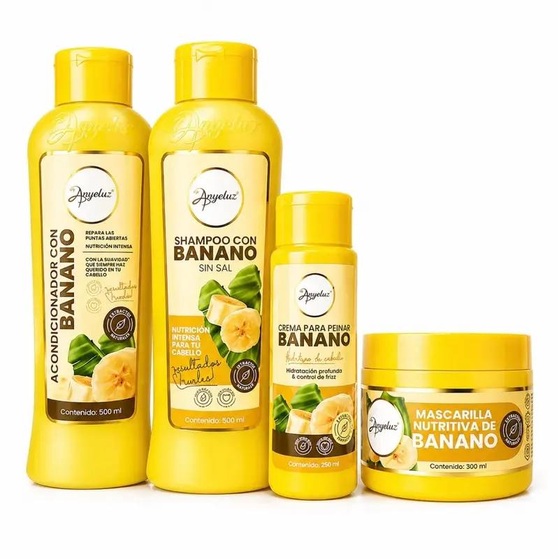 Anyeluz Kit Capilar with Banana - Shampoo 500ML, Conditioner 500ML, Nourishing Mask 300ML, Combing Cream 250ML - Natural Ingredients for Hydration & Strength