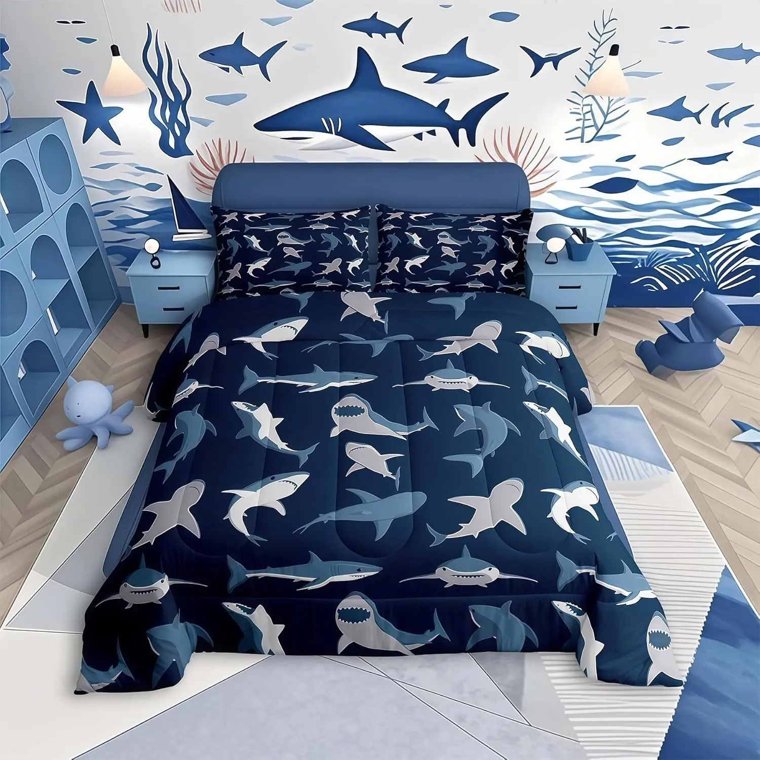 Feelyou Boys Shark Microfiber Bedding Set - Soft Lightweight Blanket, Ocean Sealife Comforter for Kids, Under Sea Marine Life Duvet Insert, Underwater Creature Bed Quilt