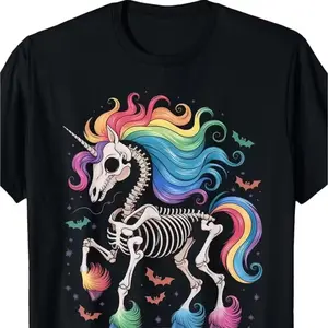 Halloween Unicorn Skeleton Rainbow Graphic Cotton T-Shirt, Spooky Cute Casual Top
