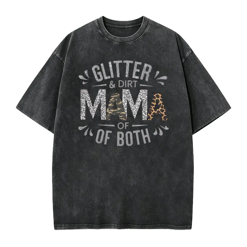 Women's Seamless Graphic Cotton Short-Sleeve Shirt, 'Glitter and Dirt' Mama Casual Tee, Lightweight Soft Fabric, Round Neck, Foldable Solid Women's Clothing for Everyday Wear